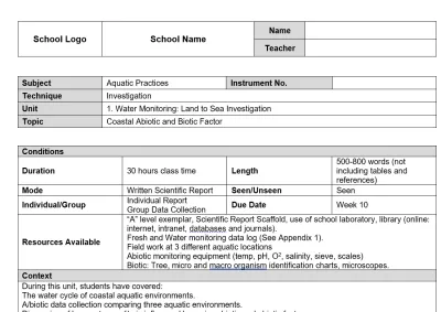Water Quality Unit Sheet